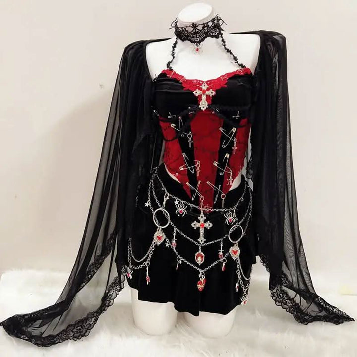 Lace hem halter u neck cross applique shrug mini skirt set  | Festival Outfits Women