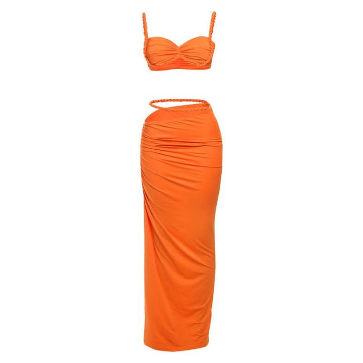 Irregular hollow out ruched v neck cami maxi skirt set  | Festival Outfits Women