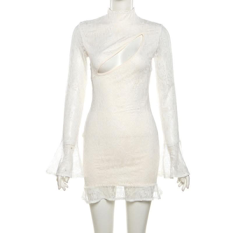 Lace solid long flared sleeve hollow out high neck ruffle mini dress-final-sale  | Festival Outfits Women