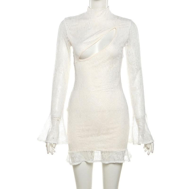 Lace solid long flared sleeve hollow out high neck ruffle mini dress-final-sale  | Festival Outfits Women