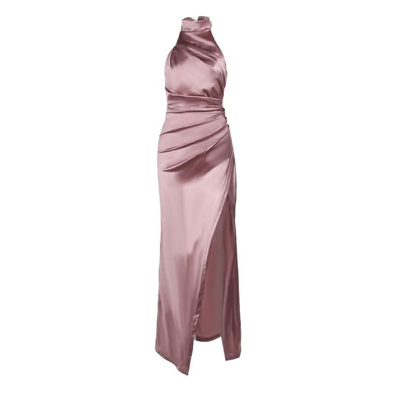 Ruched solid satin zip-up halter backless slit maxi dress-final-sale  | Festival Outfits Women