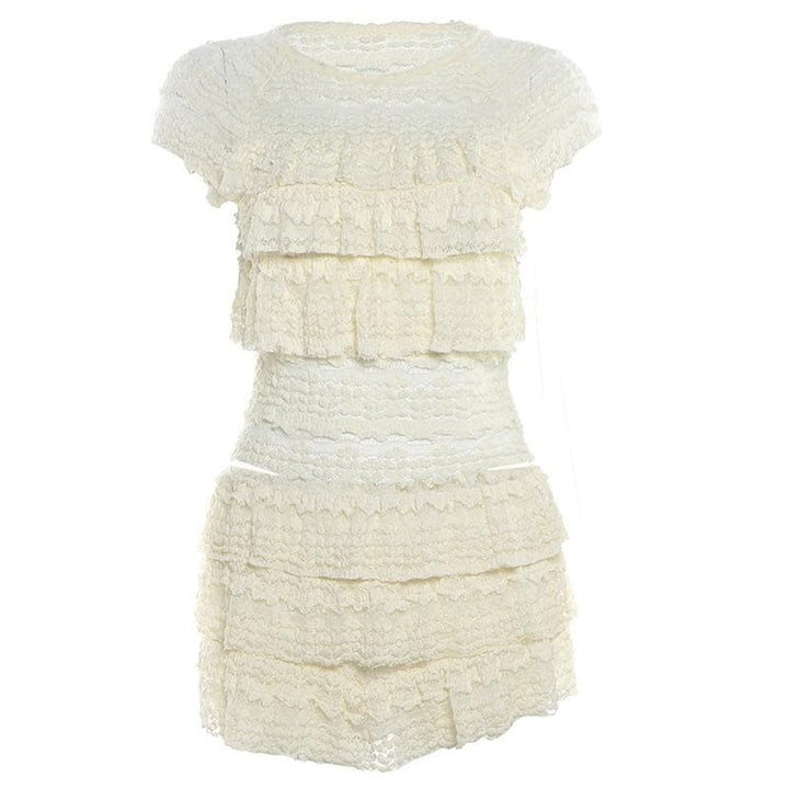 Crewneck cap sleeve textured ruched solid mini skirt set  | Festival Outfits Women
