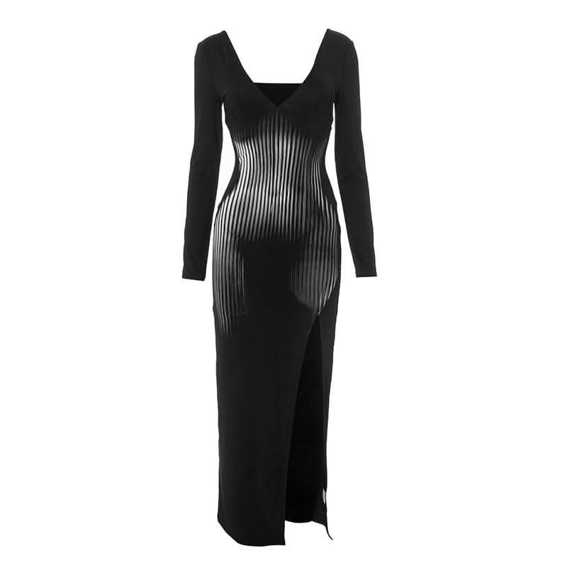 Slit long sleeve deep V neck print backless maxi dress-final-sale  | Festival Outfits Women