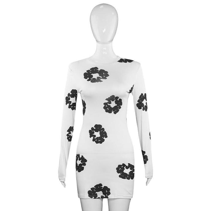 Long sleeve crewneck flower print mini dress  | Festival Outfits Women