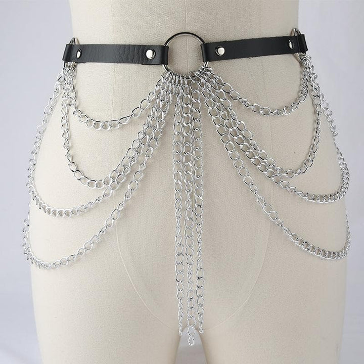 PU leather layered metal chain o ring belt  | Festival Outfits Women