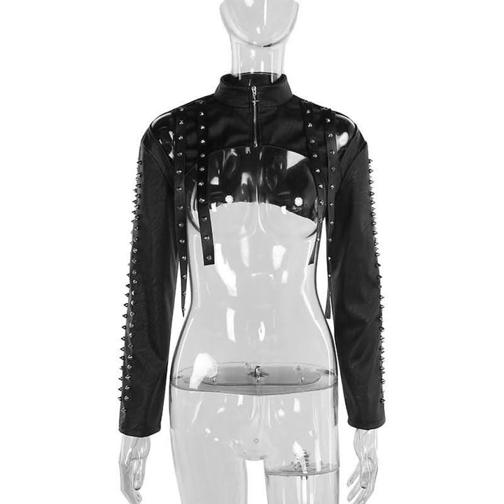 High neck PU leather zip-up hollow out shrug cut out top  | Festival Outfits Women
