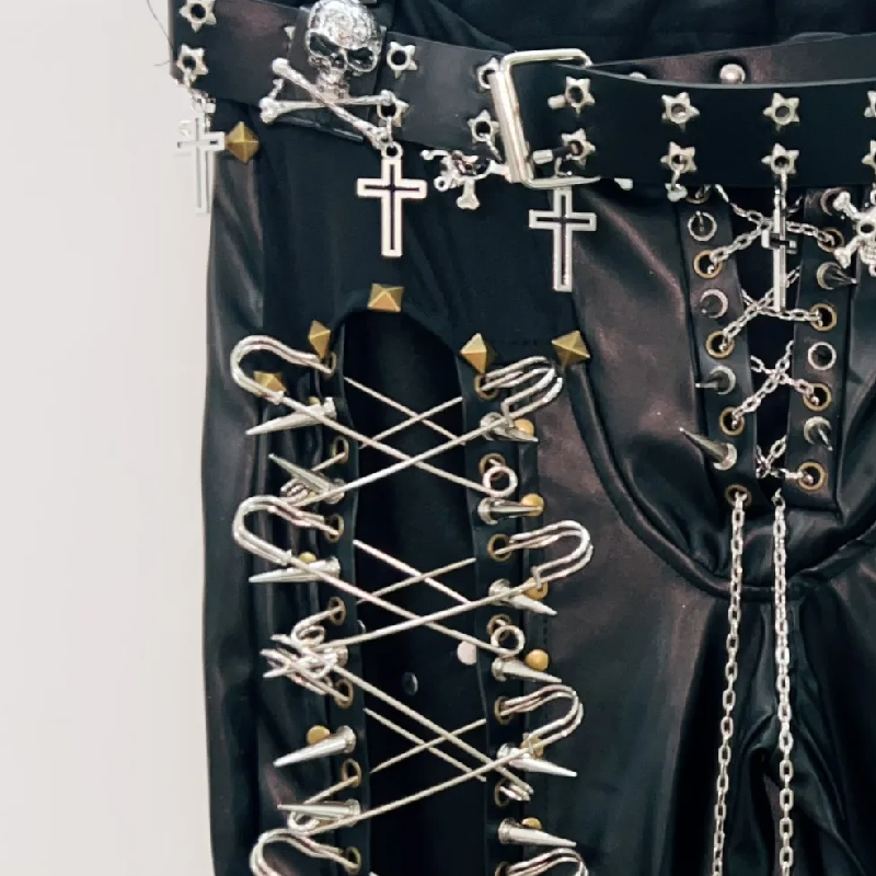 Lace up metal chain hollow out skull applique pant  | Festival Outfits Women