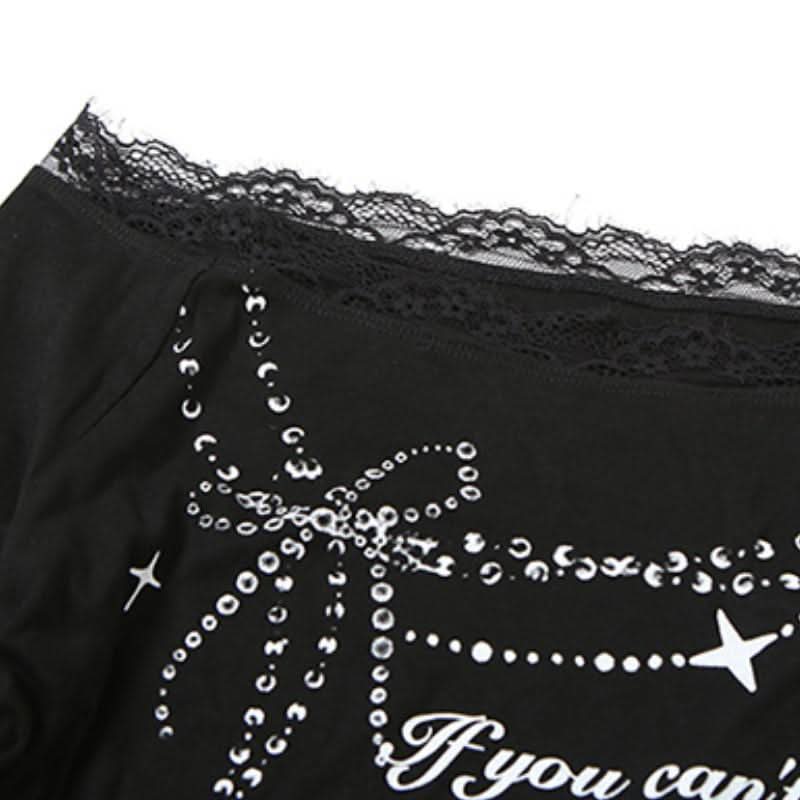 Long sleeve off shoulder lace hem print self tie top  | Festival Outfits Women