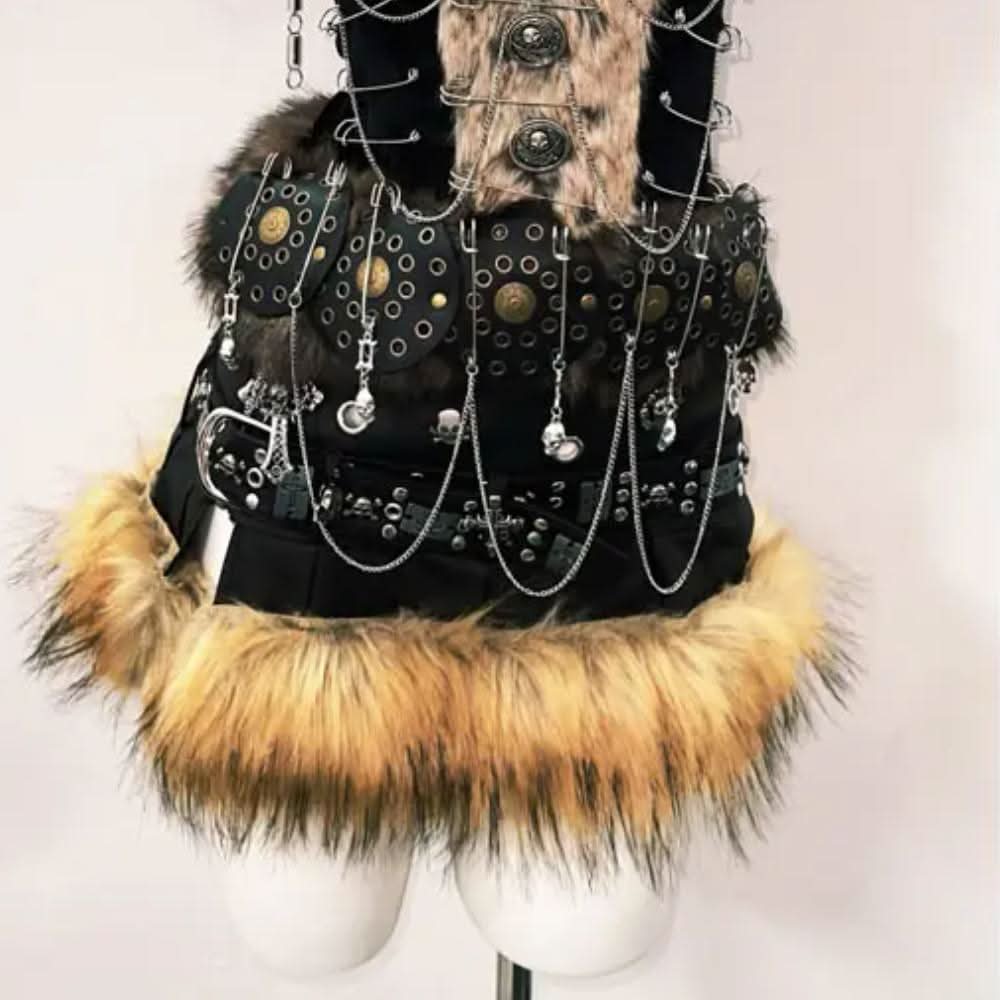 Fluffy metal chain buckle o ring cami mini skirt set  | Festival Outfits Women