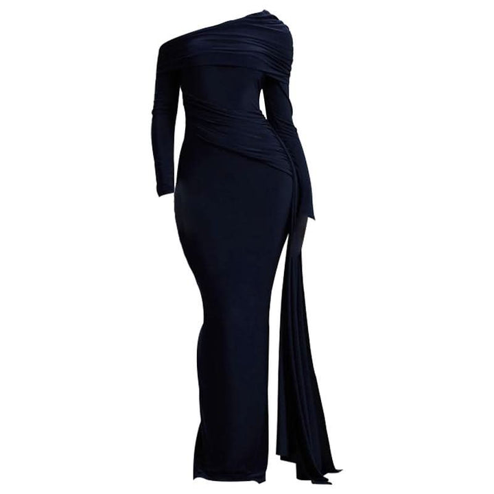 One shoulder long sleeve ruched slit maxi dress  | Festival Outfits Women
