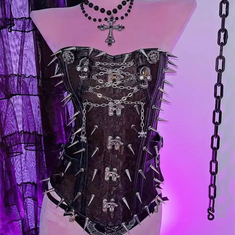 Metal chain skull applique print buckle lace up tube top  | Festival Outfits Women