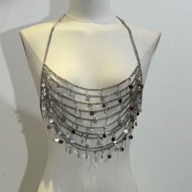 Halter glitter metal chain hollow out cut out top  | Festival Outfits Women