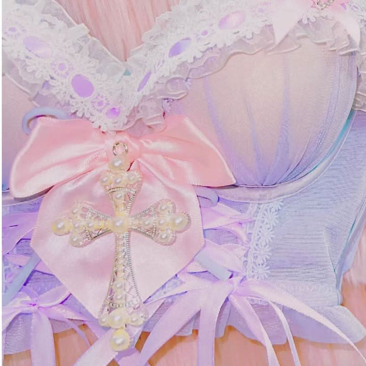 Lace hem bowknot v neck cross applique ribbon top  | Festival Outfits Women