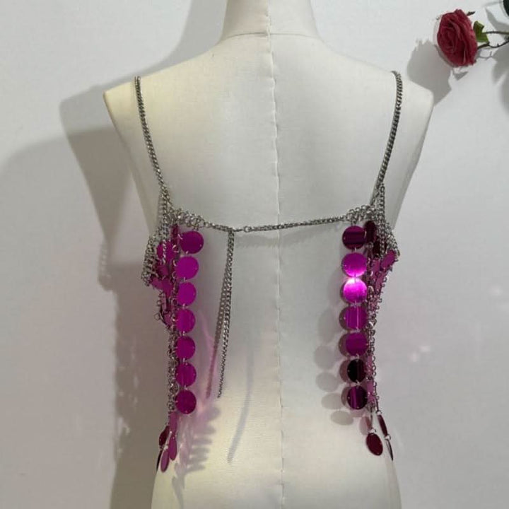 Glitter metal chain hollow out square neck cami cut out top  | Festival Outfits Women