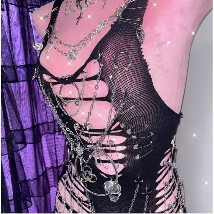 Hollow out metal chain o ring skull applique bodysuit  | Festival Outfits Women