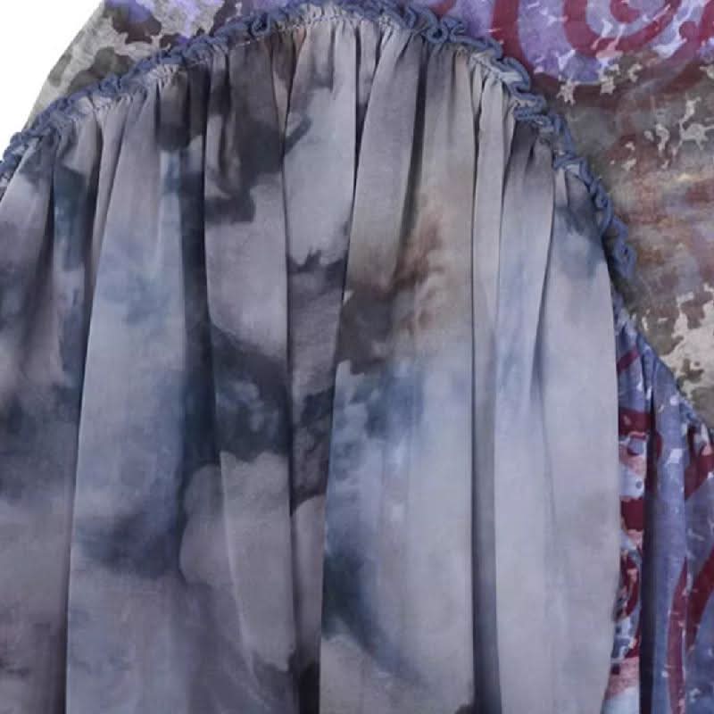 Irregular u neck ruched ruffle print contrast top  | Festival Outfits Women