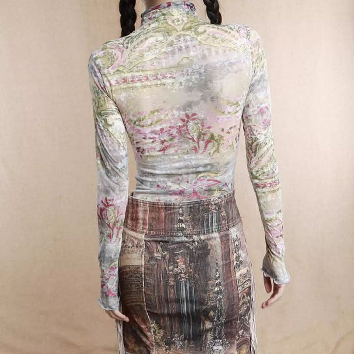 High neck long sleeve print ruffle contrast top  | Festival Outfits Women
