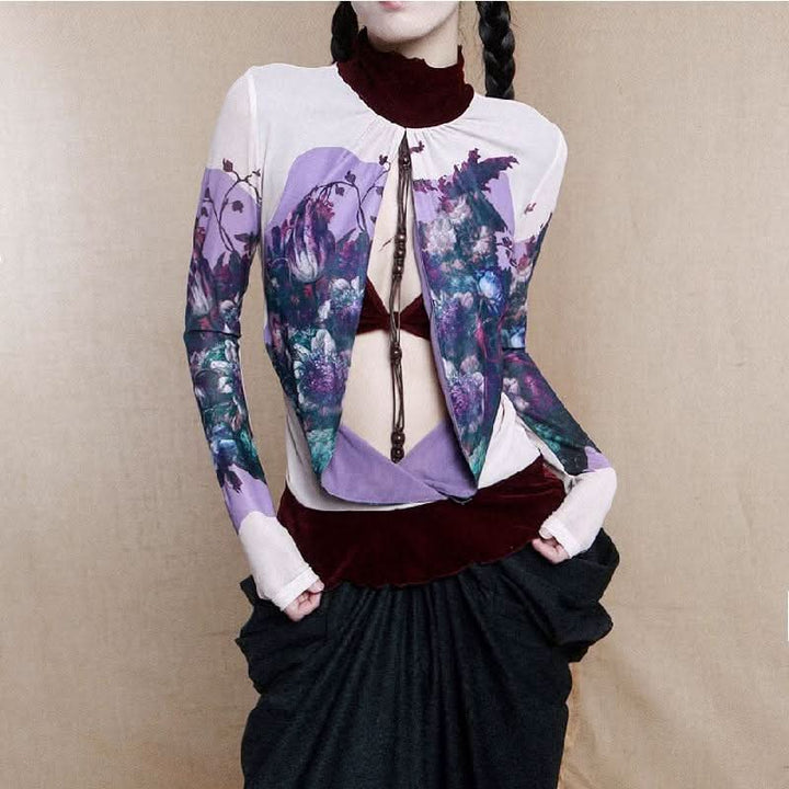 Long sleeve high neck ruffle beaded flower print top  | Festival Outfits Women