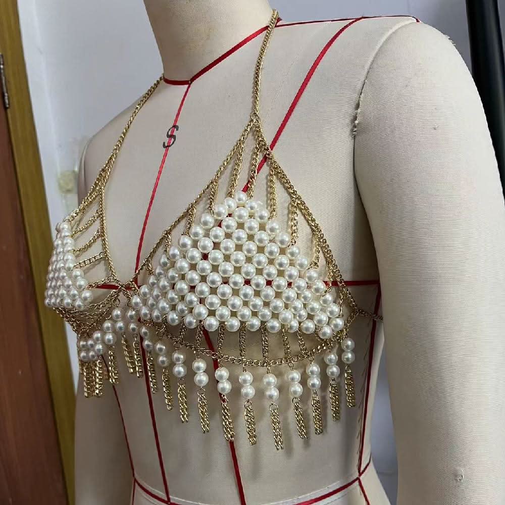 Halter tassels beaded metal chain hollow out cut out top  | Festival Outfits Women