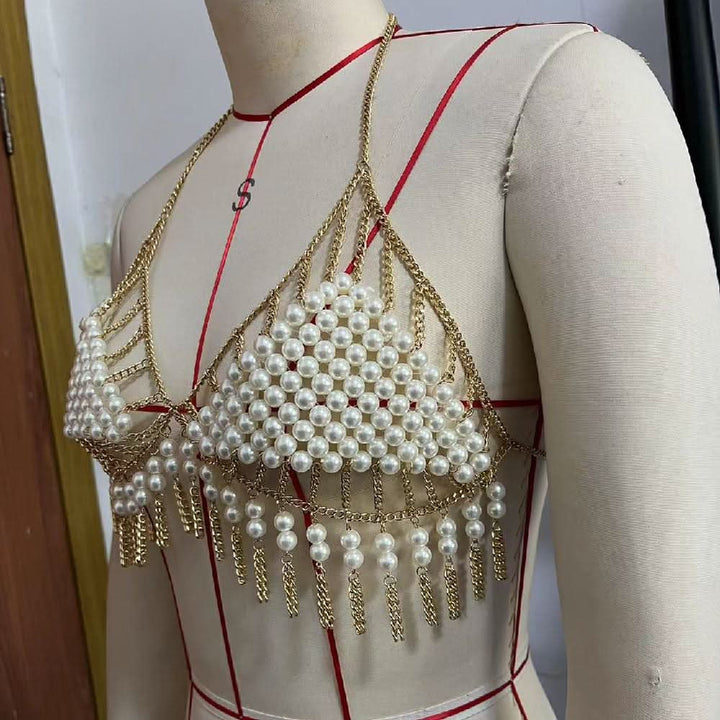 Halter tassels beaded metal chain hollow out cut out top  | Festival Outfits Women