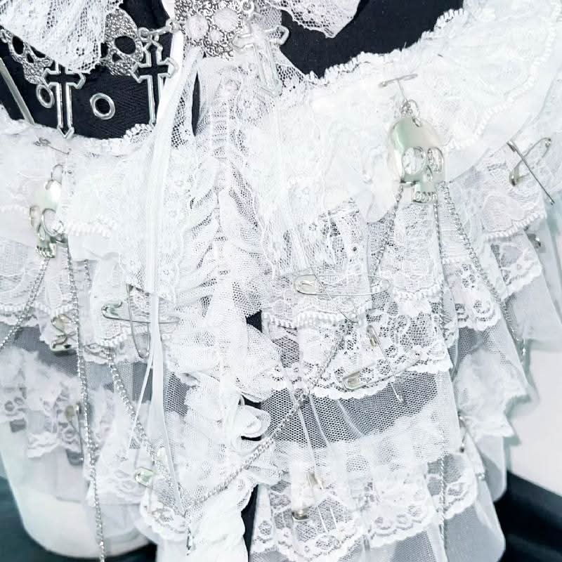 Lace hem self tie bowknot skull applique top  | Festival Outfits Women