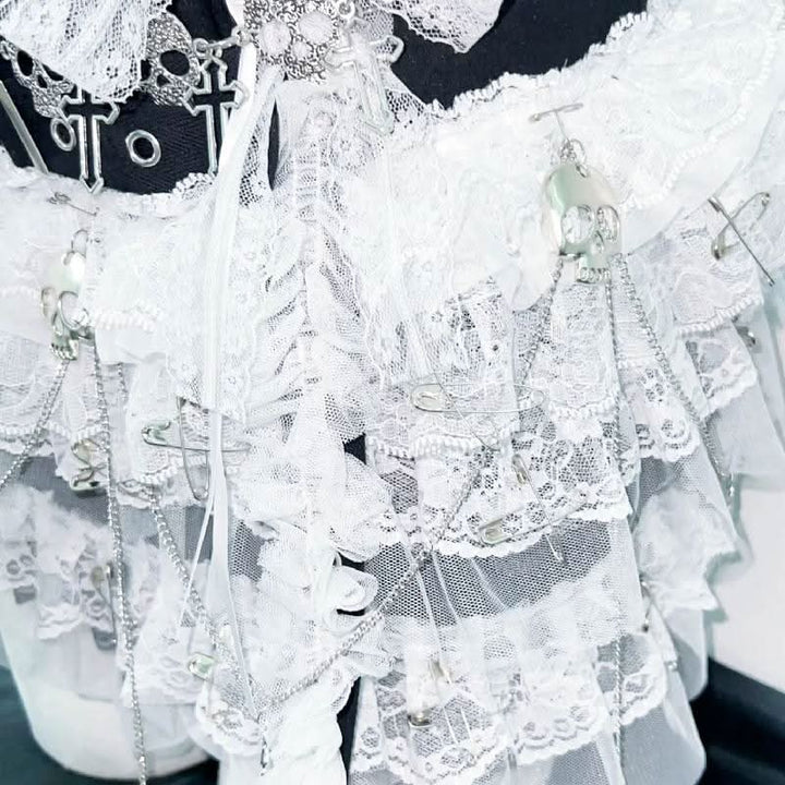 Lace hem self tie bowknot skull applique top  | Festival Outfits Women