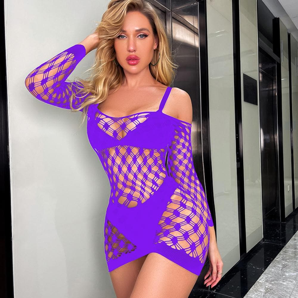 Long sleeve off shoulder hollow out fishnet cut out mini dress  | Festival Outfits Women