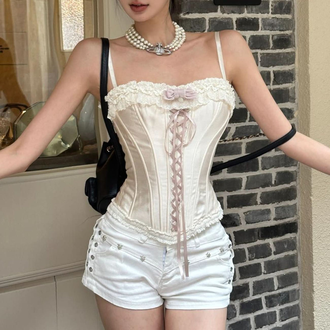Lace hem bowknot bustier lace up cami top  | Festival Outfits Women