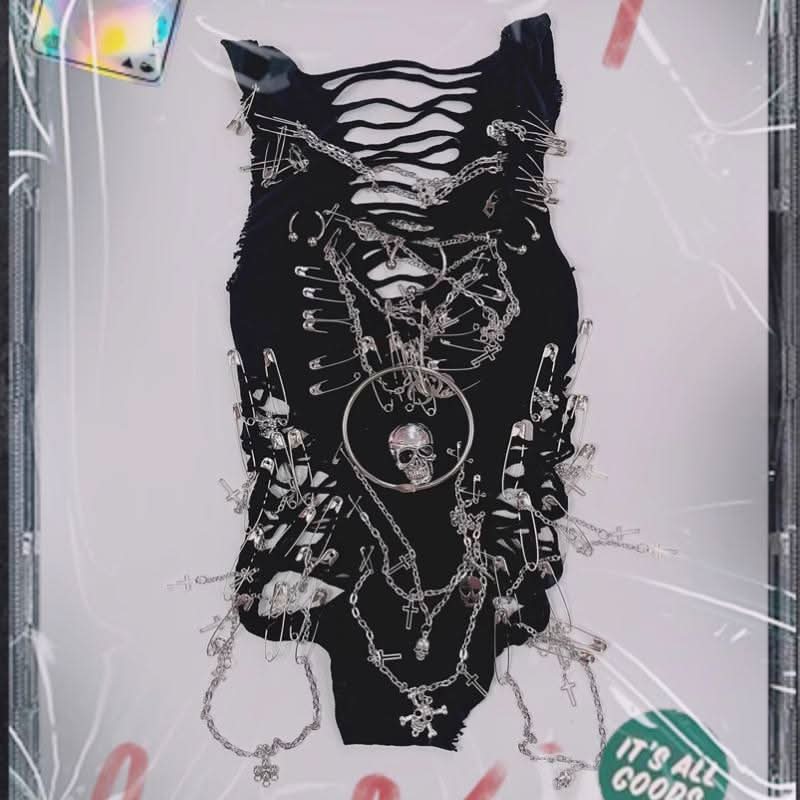 Hollow out metal chain o ring skull applique bodysuit  | Festival Outfits Women