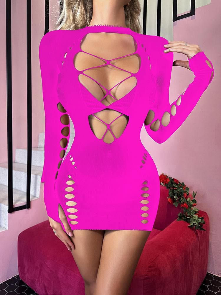 Long sleeve crewneck backless hollow out cut out mini dress  | Festival Outfits Women