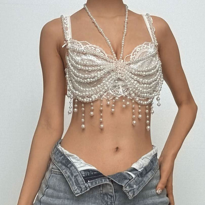 Halter beaded tassels hollow out crop cut out top  | Festival Outfits Women
