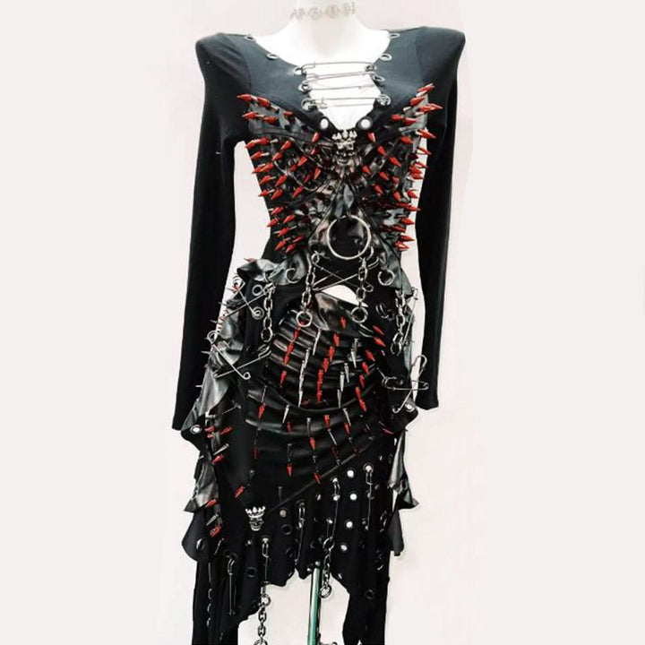 Long sleeve rivet metal chain PU leather top  | Festival Outfits Women