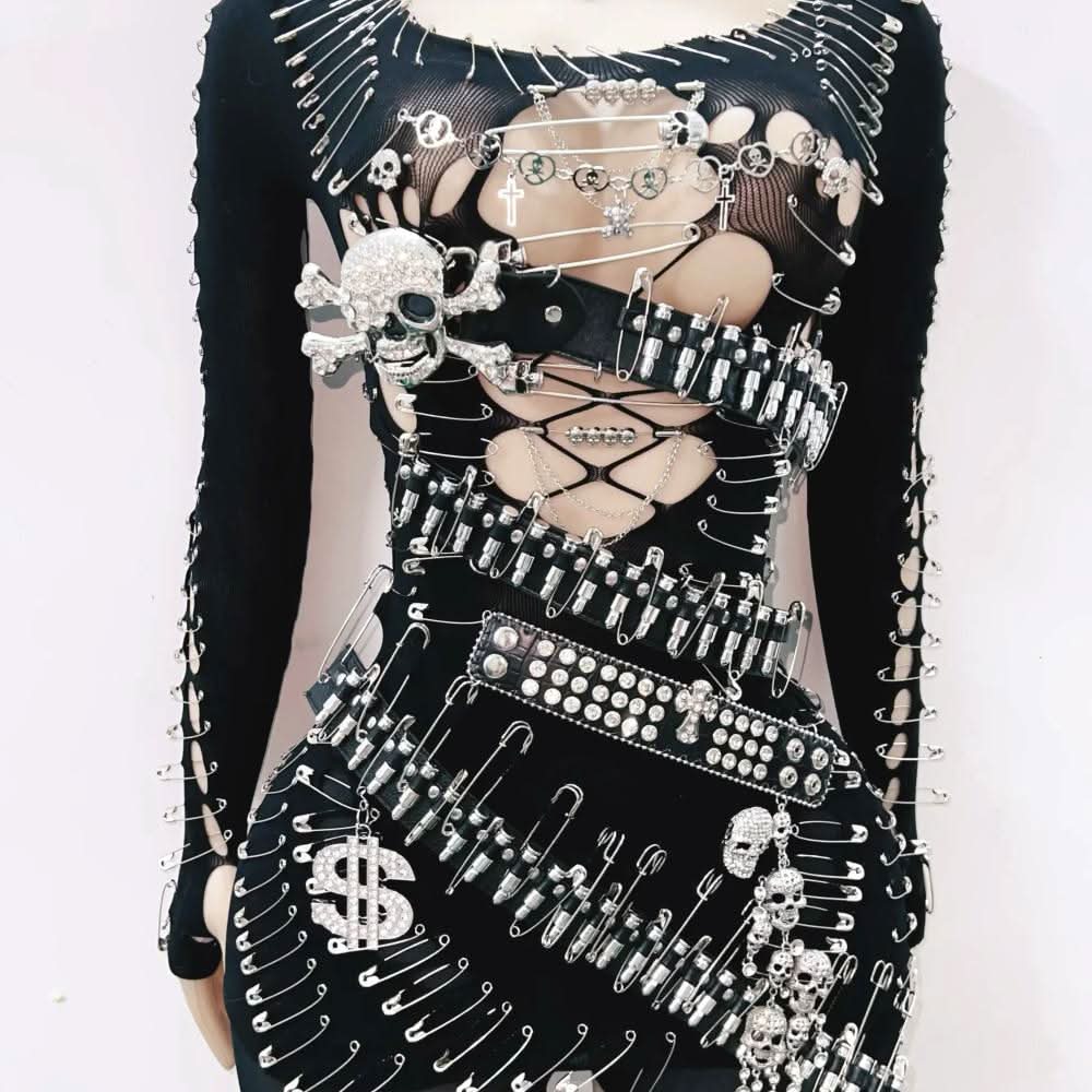 Long sleeve metal applique skull hollow out cut out mini dress | Festi Halibuy Long sleeve metal applique skull hollow out cut out mini dress | Festi Halibuy