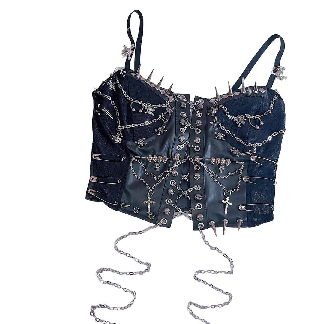 Metal chain rivet lace up PU leather cami top  | Festival Outfits Women-final-sale