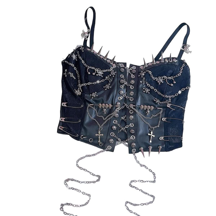 Metal chain rivet lace up PU leather cami top  | Festival Outfits Women-final-sale