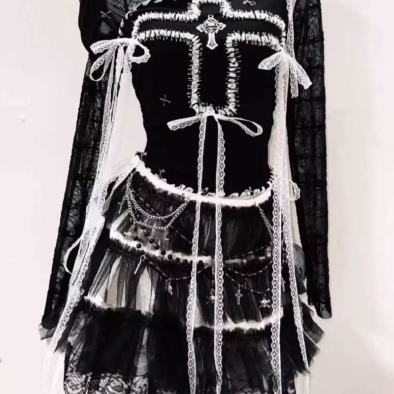 Long sleeve lace hem mesh cross pattern top  | Festival Outfits Women