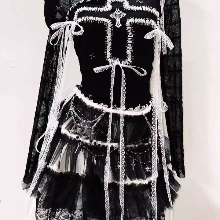 Long sleeve lace hem mesh cross pattern top  | Festival Outfits Women