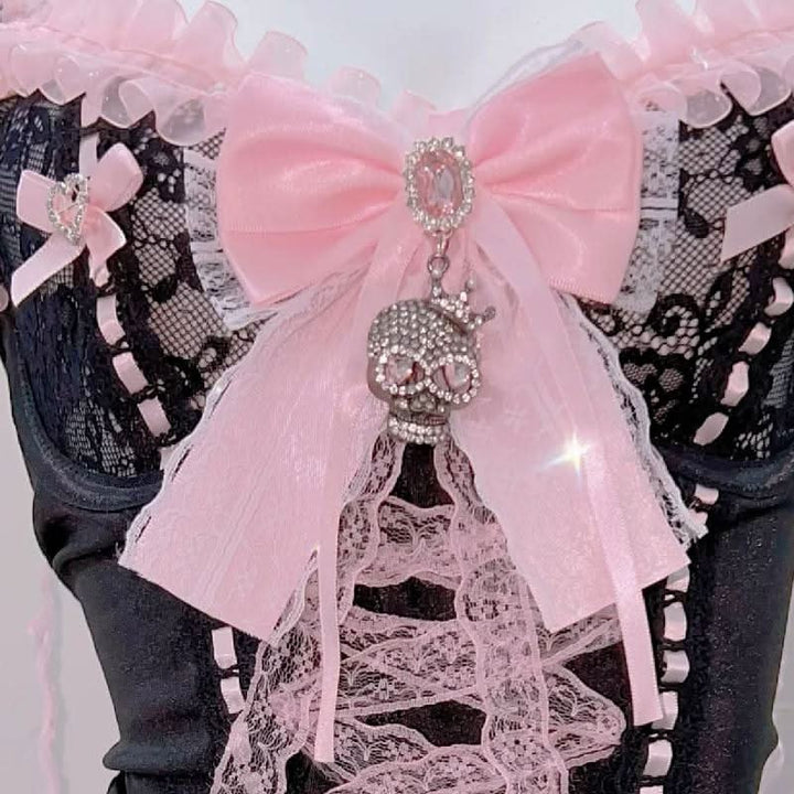 Ruffle bowknot v neck skull applique self tie cami top  | Festival Outfits Women