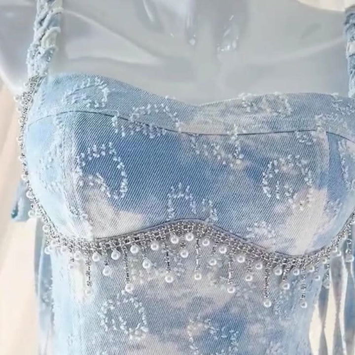 Beaded v neck denim contrast cami mini dress  | Festival Outfits Women