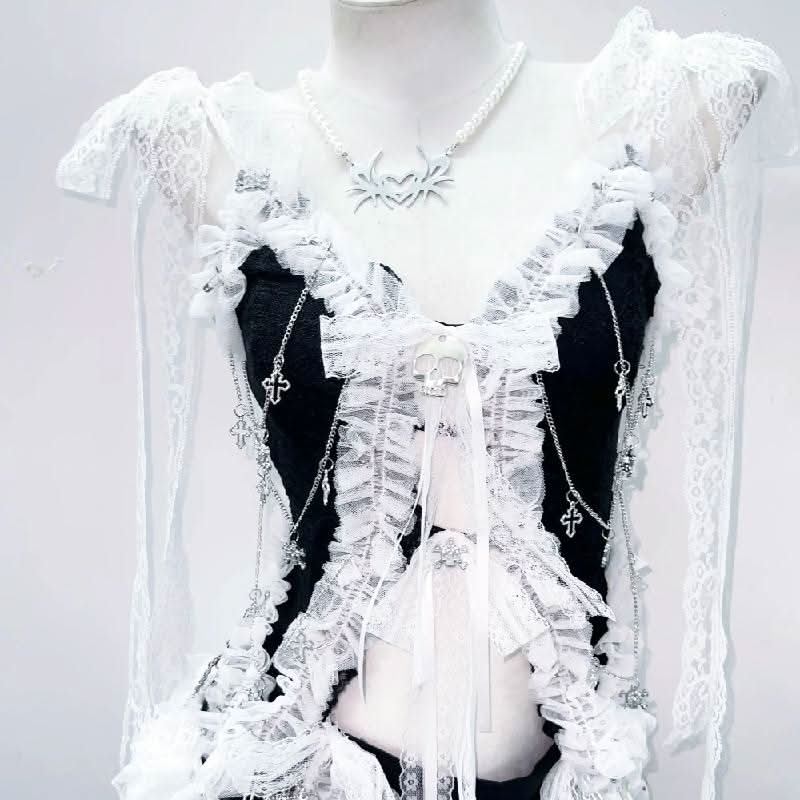 Lace hem self tie bowknot skull applique top  | Festival Outfits Women