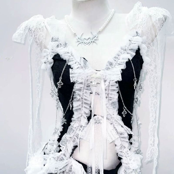 Lace hem self tie bowknot skull applique top  | Festival Outfits Women