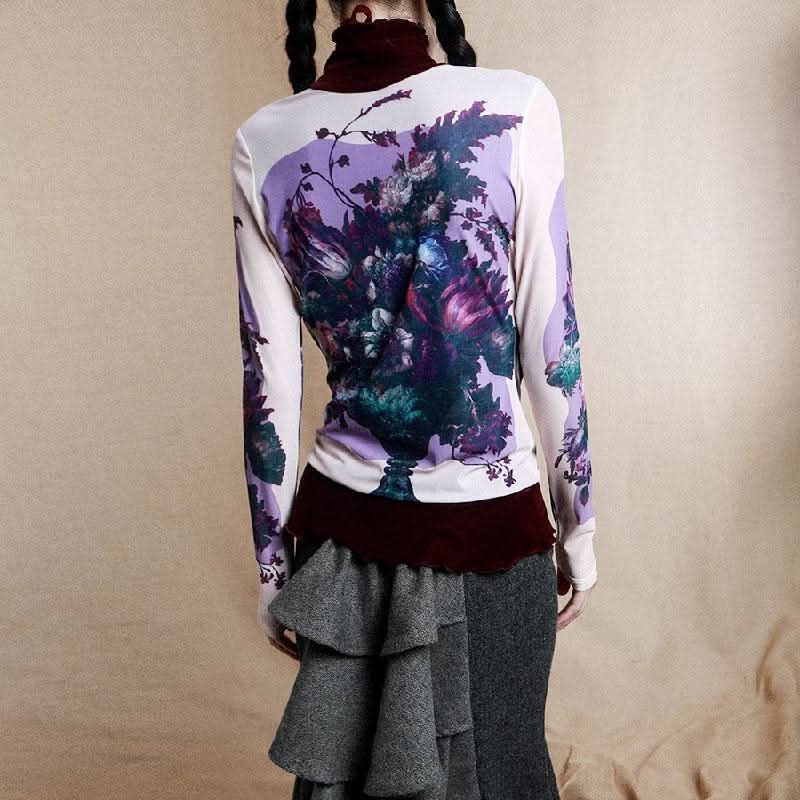 Long sleeve high neck ruffle beaded flower print top  | Festival Outfits Women