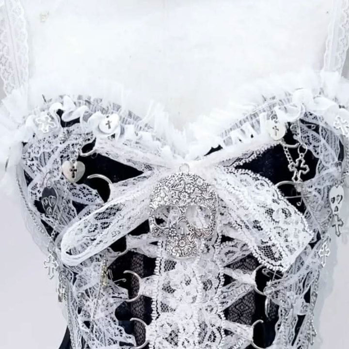 Skull applique lace hem self tie v neck lace up top  | Festival Outfits Women