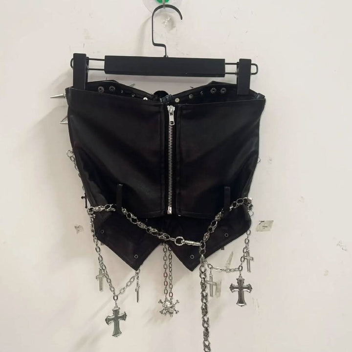 Zip-up rivet metal chain skull zip-up tube top  | Festival Outfits Women