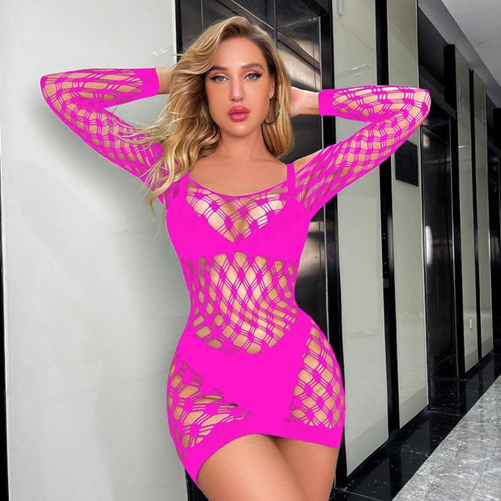 Long sleeve off shoulder hollow out fishnet cut out mini dress  | Festival Outfits Women