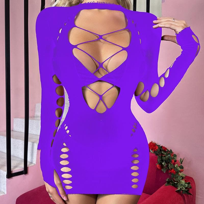 Long sleeve crewneck backless hollow out cut out mini dress  | Festival Outfits Women