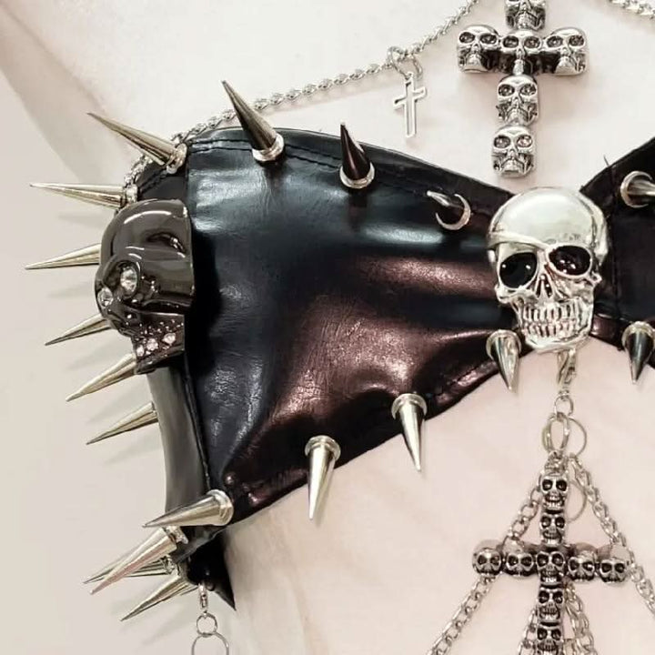Skull rivet applique PU leather pleated top  | Festival Outfits Women