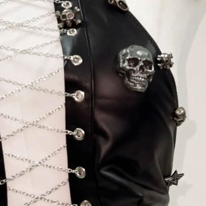 Lace up metal chain hollow out skull applique mini skirt set  | Festival Outfits Women