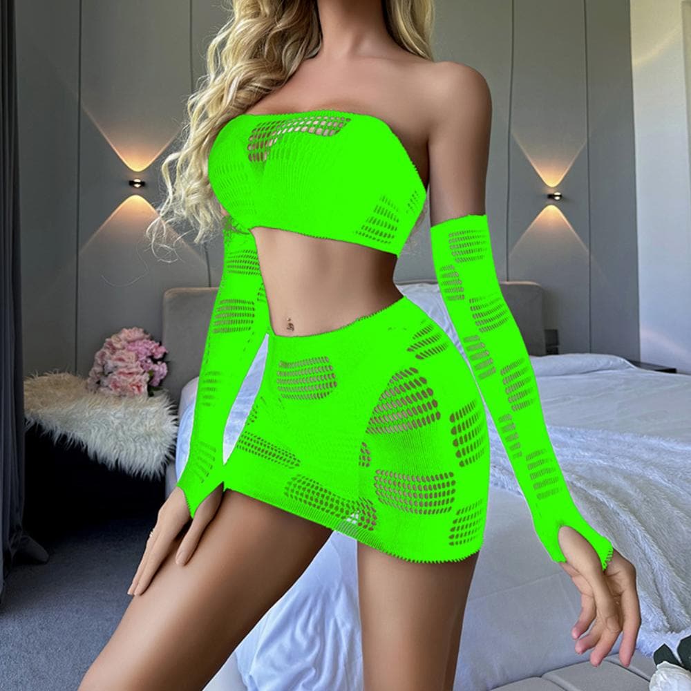 Gloves fishnet patchwork tube mini skirt set  | Festival Outfits Women