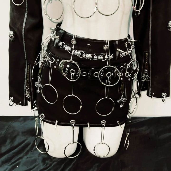 Long sleeve PU leather o ring rivet mini skirt set Cargo Mini Skirt  | Festival Outfits Women